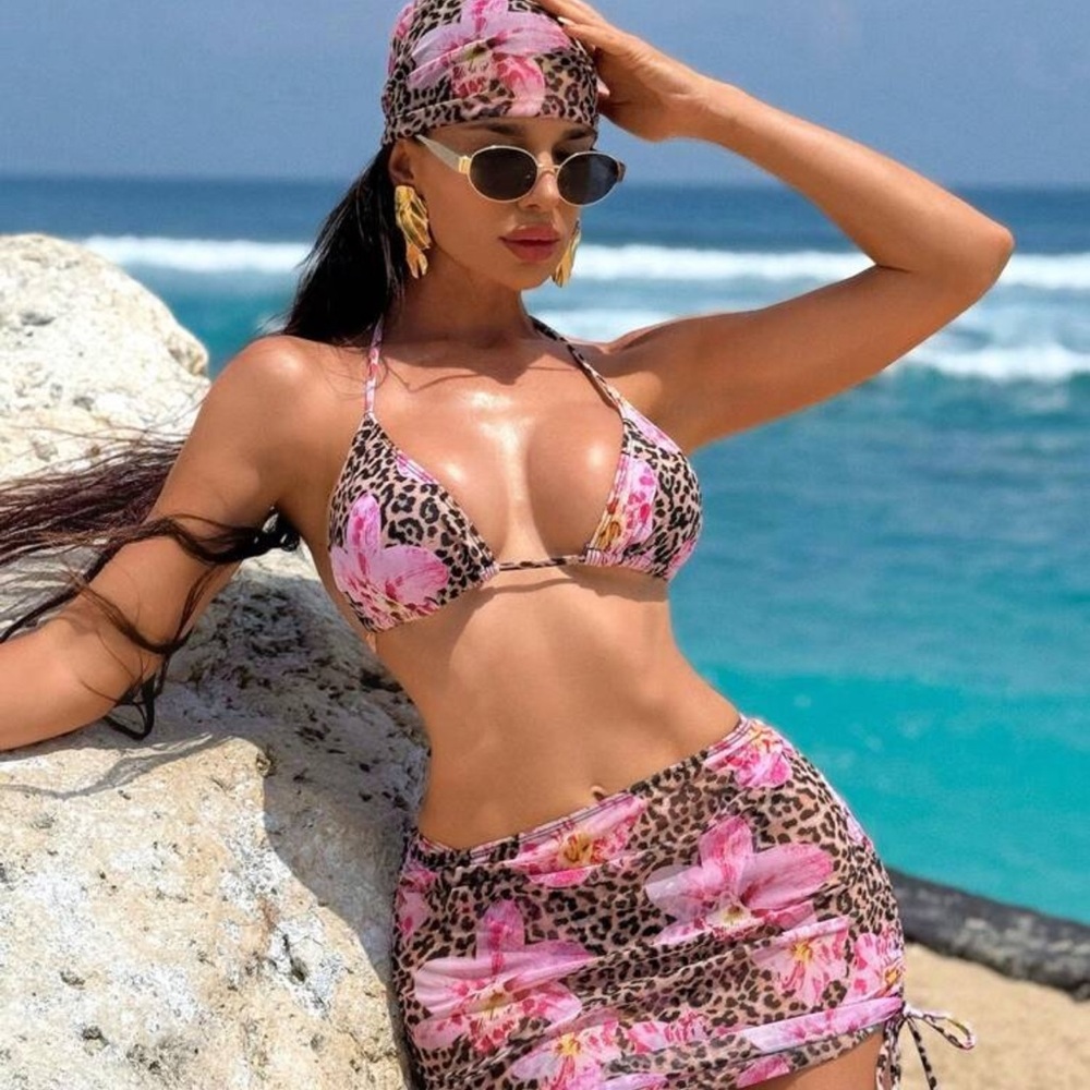 Leopard Print Pink Floral Bikini Set